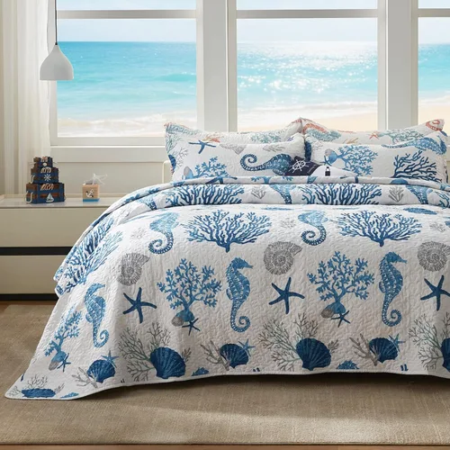 Vista 7 de LEAONME Coastal Juego de Edredón Tamaño Twin - Colcha Reversible de Microfibra Ligera, 68''x86'', Coral, Incluye 1 Funda de Almohada