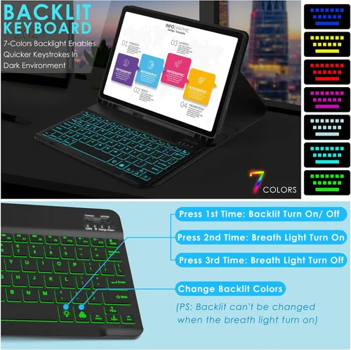 Vista 6 de DETUOSI Funda con teclado retroiluminado para Samsung Galaxy Tab A9 Plus/A9+ 5G de 11 pulgadas (SM-X210) 2023 Android Tablet con soporte para S Pen