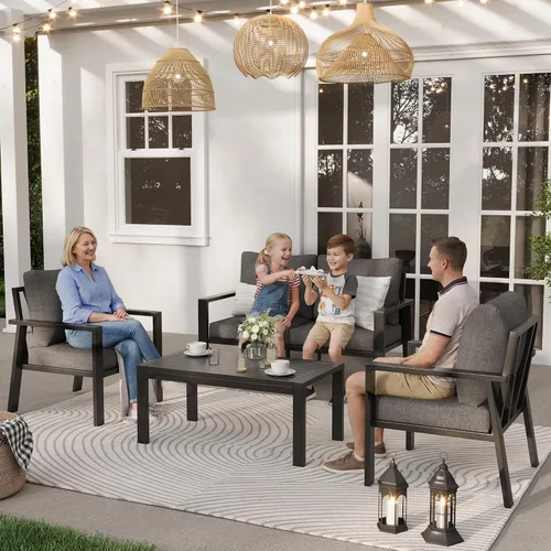 Vista 4 de Juego de muebles de aluminio para exteriores para todo tipo de clima, sofá seccional con mesa auxiliar y cojines con fundas extraíbles para terraza