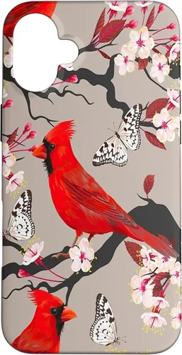 Vista 22 de Funda para iPhone 16 Women Girls Cardinals Red With Floral Butterfly