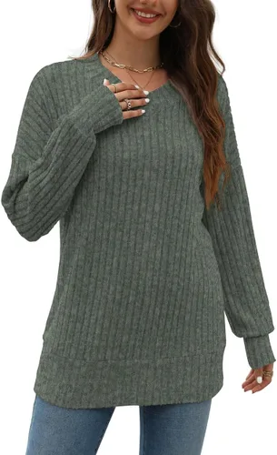 Vista 2 de Suéter suelto con cuello en V y manga larga para mujer, sudadera de punto a la moda