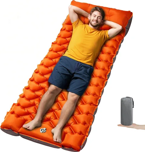 Vista 11 de Colchoneta para dormir, almohadilla de dormir compacta para acampar con almohada bomba de pie integrada, colchoneta inflable para viajes