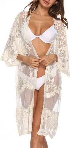 Vista 3 de Cárdigan de Encaje para Mujer de Crochet Floral Transparente Cobertor de Playa Kimono Largo Abierto