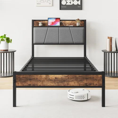 Vista 4 de Anwick Cama individual de metal, base de cama industrial tamaño individual con cabecera y 2 puertos USB, base de colchón resistente