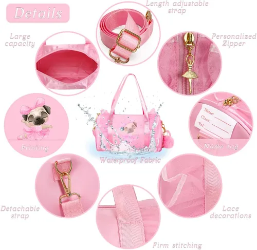 Vista 4 de Moonmo Bonita bolsa de baile de ballet, bolsa de vestir tutú, impermeable, ligera, bolsa de baile rosa para niñas, Pinkdanceb-perro