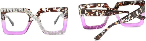 Vista 4 de Melrose Gafas de lectura cuadradas de diamante transparente para mujer, gafas de diamantes de imitación de luz azul de moda 2 piezas ámbar y floral