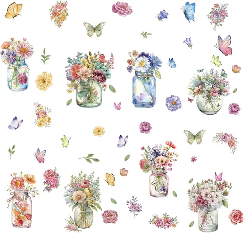 Vista 22 de CRASPIRE 8 estilos de tulipanes de flores, mariposas, calcomanías de pared de PVC floral, impermeables, autoadhesivas, vinilo autoadhesivo