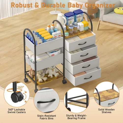 Vista 6 de Carrito organizador de pañales para bebés con ruedas, carrito de pañales rodante de 4 niveles con separadores y cajones, almacenamiento de guardería