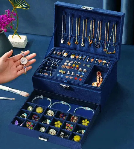 Vista 6 de Joyeros para mujer, organizador de joyas de terciopelo azul marino con cerradura, organizadores de joyas para adolescentes, organizador de joyas