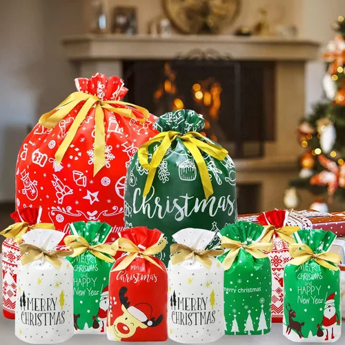 Vista 7 de ZMCINER 38 PCS bolsas de regalo de Navidad con cordón de varios tamaños, bolsas de Navidad con cordón para regalos de Navidad, regalos
