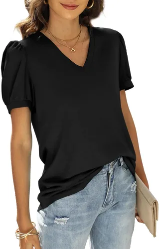 Vista 3 de WIHOLL - Blusas de verano para mujer, con cuello en V y mangas abullonadas, camisetas de moda casual