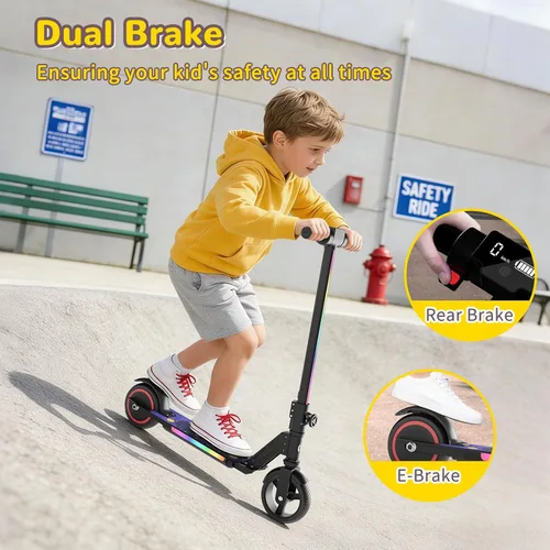 Vista 5 de SIMATE Electric Scooter for Kids 6-14, e Kick Scooter with LED Display and Colorful Lights, Adjustable Height and Foldable, Double Brake, Gifts for