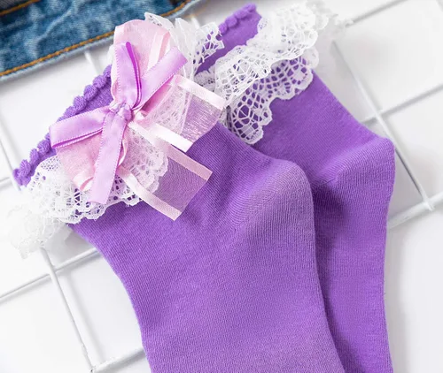 Vista 6 de SEMOHOLLI Calcetines de tobillo para mujer calcetines de encaje con volantes y volantes cómodos calcetines de princesa
