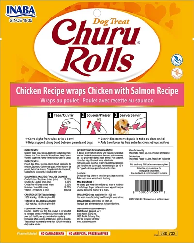 Vista 2 de INABA - Rollos de churu para perros, sin granos, suaves y masticables, rellenos de pollo horneado, 0.42 onzas cada palo, 24 golosinas en total