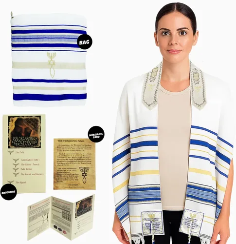 Vista 8 de Holy Land Market Mantón mesiánico de oración Tallit azul reydorado con bolsa, tarjeta y folleto a juego de Israel