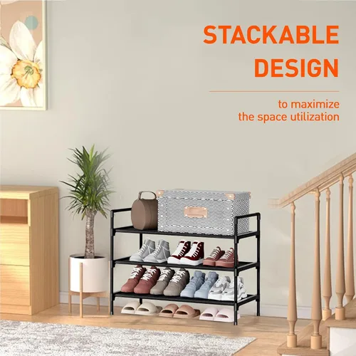 Vista 4 de Zapatero de 3 niveles, organizador de zapatos, estante de almacenamiento de zapatos para pasillo estrecho, dormitorio, entrada, montaje fácil (Negro)