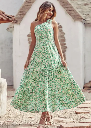 Vista 2 de PRETTYGARDEN Vestido largo floral de verano para mujer, de un hombro descubierto, con nudo, volantes, bohemio, para playa, vacaciones, boda, invitada