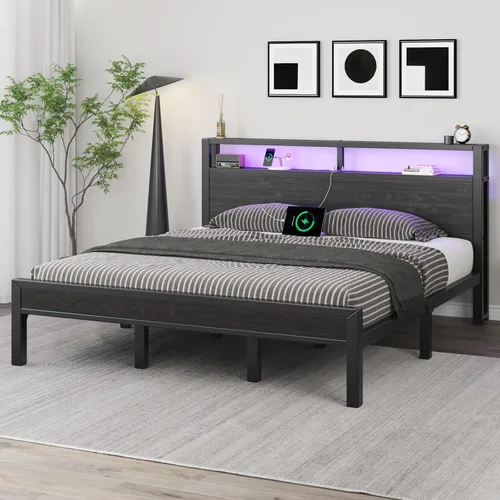 Vista 41 de LOEWAY Base de cama tamaño Queen con cabecero de almacenamiento y luces LED, color gris