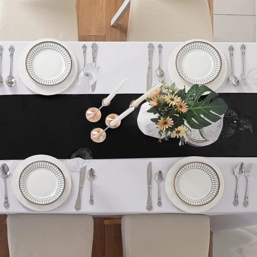 Vista 4 de Juego de 6 Caminos de Mesa 12 x 108 Pulgadas de Camino de Mesa de Seda Satinada para Boda, Fiesta de Cumpleaños, Banquetes, Graduaciones