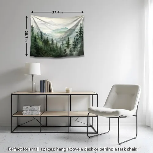 Vista 5 de QGHOT Tapiz de bosque brumoso, tapiz de montaña natural para colgar en la pared, paisaje de acuarela verde salvia, arte de pared para dormitorio