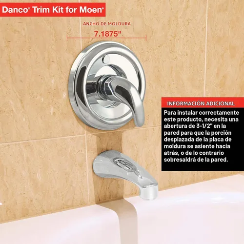 Vista 4 de Danco 10001 Kit de molduras, para uso con grifos de bañera y ducha Moen, plástico, cromado, válvula de un solo mango