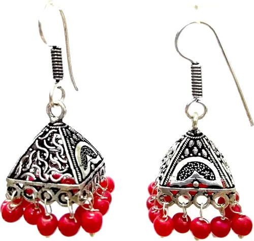 Vista 2 de DESI HAWKER Pendientes de plata oxidada Bali Jhumki Jhumka Joyería Bollywood Gancho Gota Pirámide Lámpara de araña NI-156