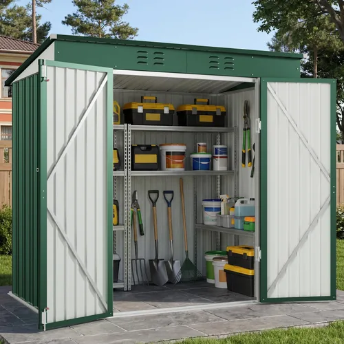 Vista 20 de Gizoon Cobertizo de almacenamiento para exteriores de 8 x 6 pies, cobertizo de jardín de metal galvanizado con puertas dobles con cerradura, Marrón