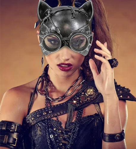 Vista 7 de Attitude Studio Steampunk - Juego de 2 máscaras metálicas de gato, color dorado y plateado