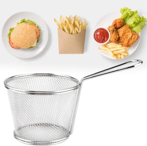 Vista 6 de Mini cesta para freír papas fritas, cesta de malla de alambre de acero inoxidable de 4 pulgadas para el hogar, cocina, colador de alimentos, papas