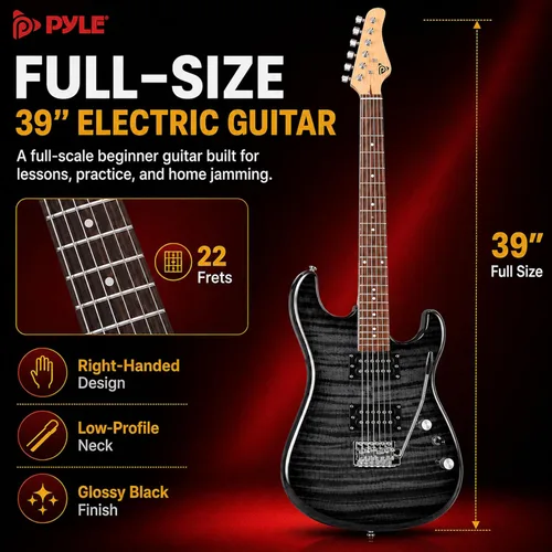 Vista 4 de Pyle Kit de guitarra eléctrica con amplificador, instrumento de tamaño completo con pastillas Humbucker, amplificador de guitarra eléctrica y Negro
