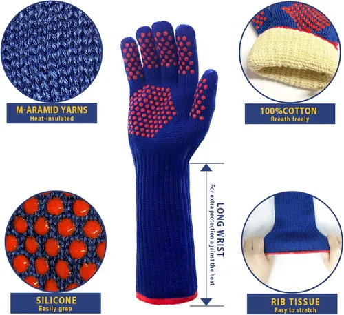 Vista 2 de MIG4U Guantes de parrilla para barbacoa, guantes de horno de 500 grados, resistentes al calor, con puntos de silicona antideslizantes de grado Azul