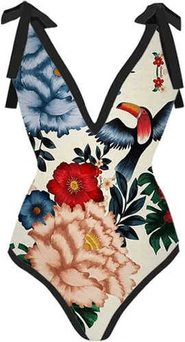Vista 3 de Traje de baño de una pieza para mujer con falda envolvente, estampado floral, control de abdomen, trajes de baño de 2 piezas