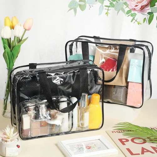 Vista 5 de Reginary Paquete de 10 bolsas grandes transparentes de maquillaje cosmético con cremallera y asa, bolsa de viaje de plástico de PVC, organizador