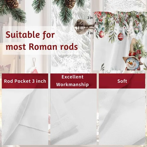 Vista 8 de Cenefa de amarre de muñeco de nieve de dibujos animados para ventanas de cocina, bolas de Navidad, ramas de hojas, cenefas de cortina de 42 x 12