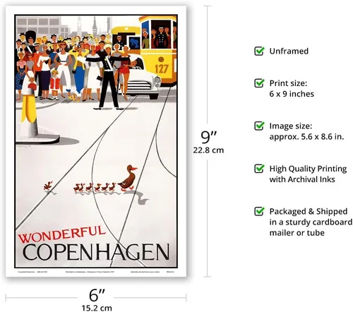 Vista 2 de Wonderful Copenhagen - Copenhagen Denmark - Mother Duck and her Ducklings Crossing the Street - Vintage Travel Poster by Viggo Vagnby c.1959