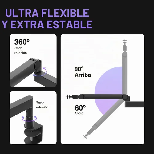 Vista 6 de Elgato Wave Mic Arm Pro - Brazo de micrófono de resorte de gas de perfil bajo giratorio 360°, funciona con micrófonos/Shure SM7B/HyperX Negro