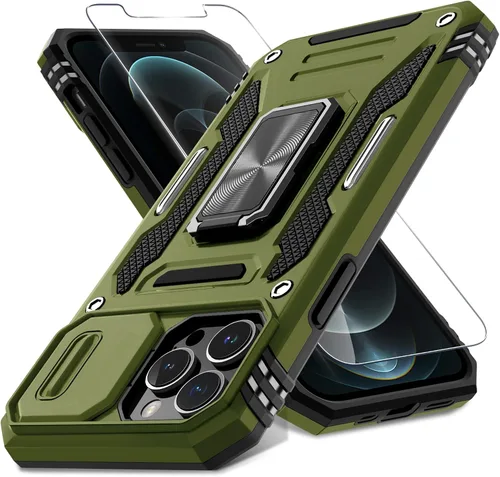 Vista 11 de DEERLAMN Funda para iPhone 13 Pro Max con cubierta deslizante para cámara + protector de pantalla (1 unidad), anillo giratorio con soporte de grado