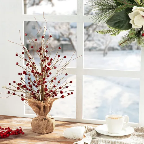 Vista 6 de Glitzhome Árbol de mesa de bayas rojas de Navidad de 16 pulgadas de alto con base de arpillera, centro de mesa decorativo de bayas para Navidad Día