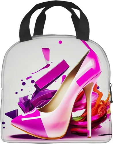 Vista 2 de OOZ Lonchera aislada para mujeres y hombres, estampado de zapatos de tacón alto rosa, reutilizable, a prueba de fugas, para adultos, oficina