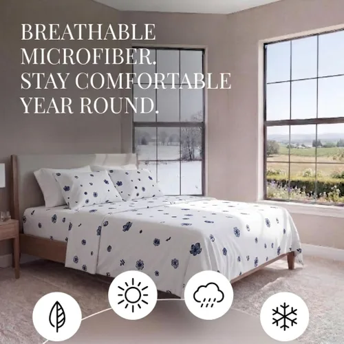 Vista 3 de Merit Linens Sábanas transpirables con estampado floral de estilo hotel Juego de 4 piezas con bolsillo profundo Sábanas ligeras y acogedoras