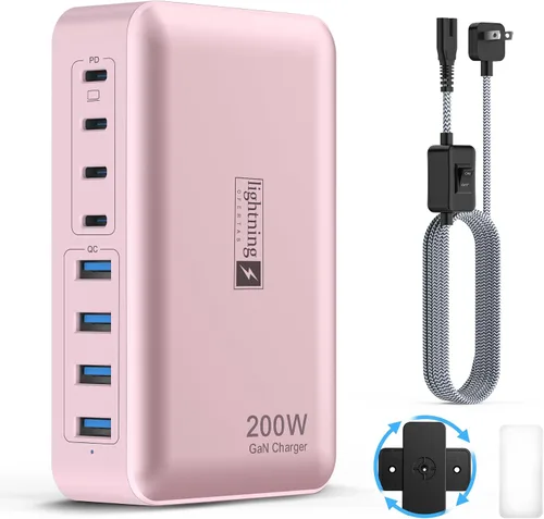 Vista 11 de Estaciones de carga múltiple de 8 puertos de 200 W con enchufe plano, cable de alimentación trenzado e interruptor de encendido/apagado