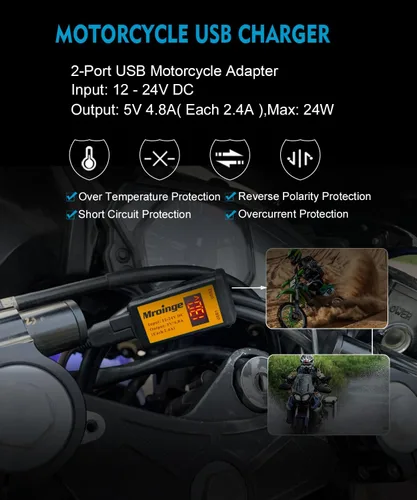 Vista 2 de Cargador USB para motocicleta, adaptador Mroinge 4.8A SAE a USB con voltímetro y amperímetro, enchufe de desconexión rápida con cargador USB doble