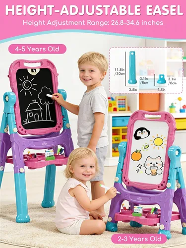 Vista 2 de Lehoo Castle Caballete para niños, caballete de arte para niños 4 en 1 de doble cara con pizarra blanca magnética y pizarra de tiza, caballete