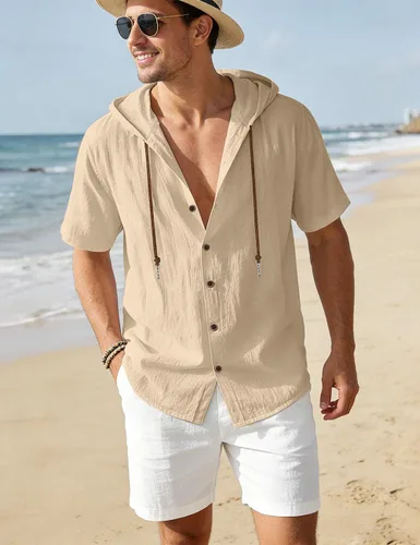Vista 4 de Camisas de algodón y lino para hombre, sudaderas casuales de manga corta, con botones, para verano, playa, boda, con capucha