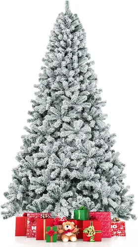 Vista 17 de COSTWAY Árbol de Navidad flocado de nieve de 6 pies, pino artificial con bisagras Blanco