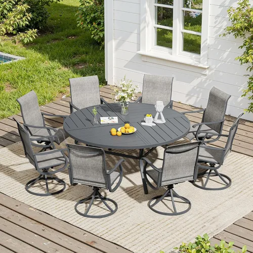 Vista 84 de VICLLAX Muebles pequeños de exterior de 3 piezas, 2 sillas giratorias de patio y mesa redonda pequeña para 2, sillas de carbón oscuro y negro