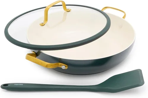Vista 24 de GreenPan Reserve Pro - Juego de 3 sartenes con tapa y espátula de silicona Café con leche