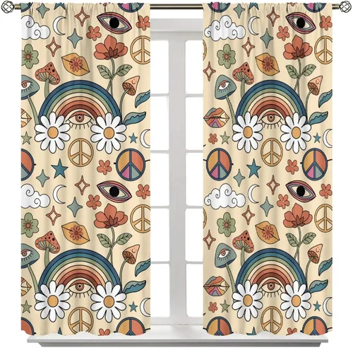 Vista 19 de Cortinas semitraslúcidas de hongos, estilo bohemio, plantas místicas, sol, luna, tratamiento de ventana para dormitorio, sala de estar, cocina