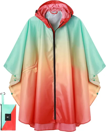 Vista 31 de SaphiRose - Poncho de lluvia unisex impermeable con capucha para mujeres adultas con bolsillos A-negro-blanco