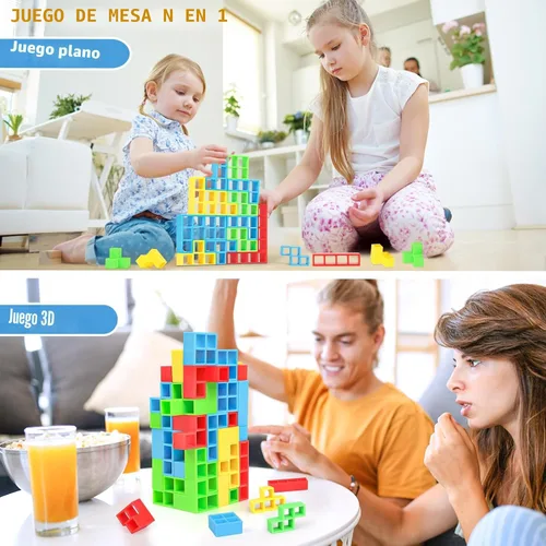 Vista 4 de BBnote Juego de apilar de 48 piezas para adultos y niños, juegos de torre de tablero tetra para viajes familiares y fiestas, juguete de equilibrio